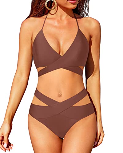High Leg Two Piece Swimsuit Push Up Criss Cross Bathing Suit-Brown