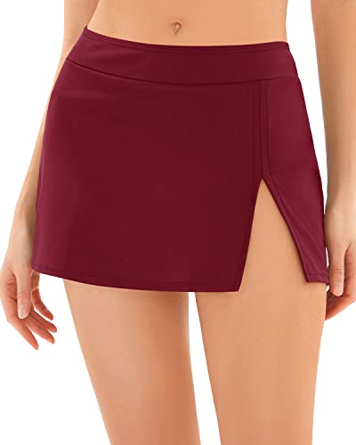 Waistband Skirted Swimsuit Bottoms For Women's Swim Skirt-Maroon