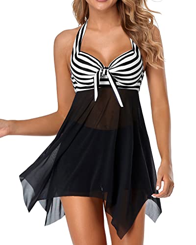 Underwire Push Up Swim Dress Halter Bathing Suit Dress With Boyshorts-Black And White Stripe