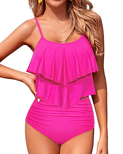 Flowy Two Piece Tankini Swimsuits With High Waisted Bottoms For Women-Neon Pink